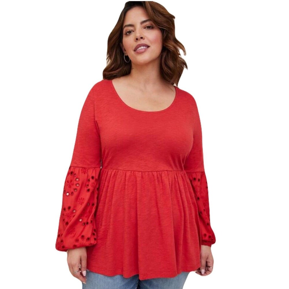 NEW Torrid Scoop Neck Eyelet Sleeve Babydoll Top Womens Size 0 / Large / 12 Red